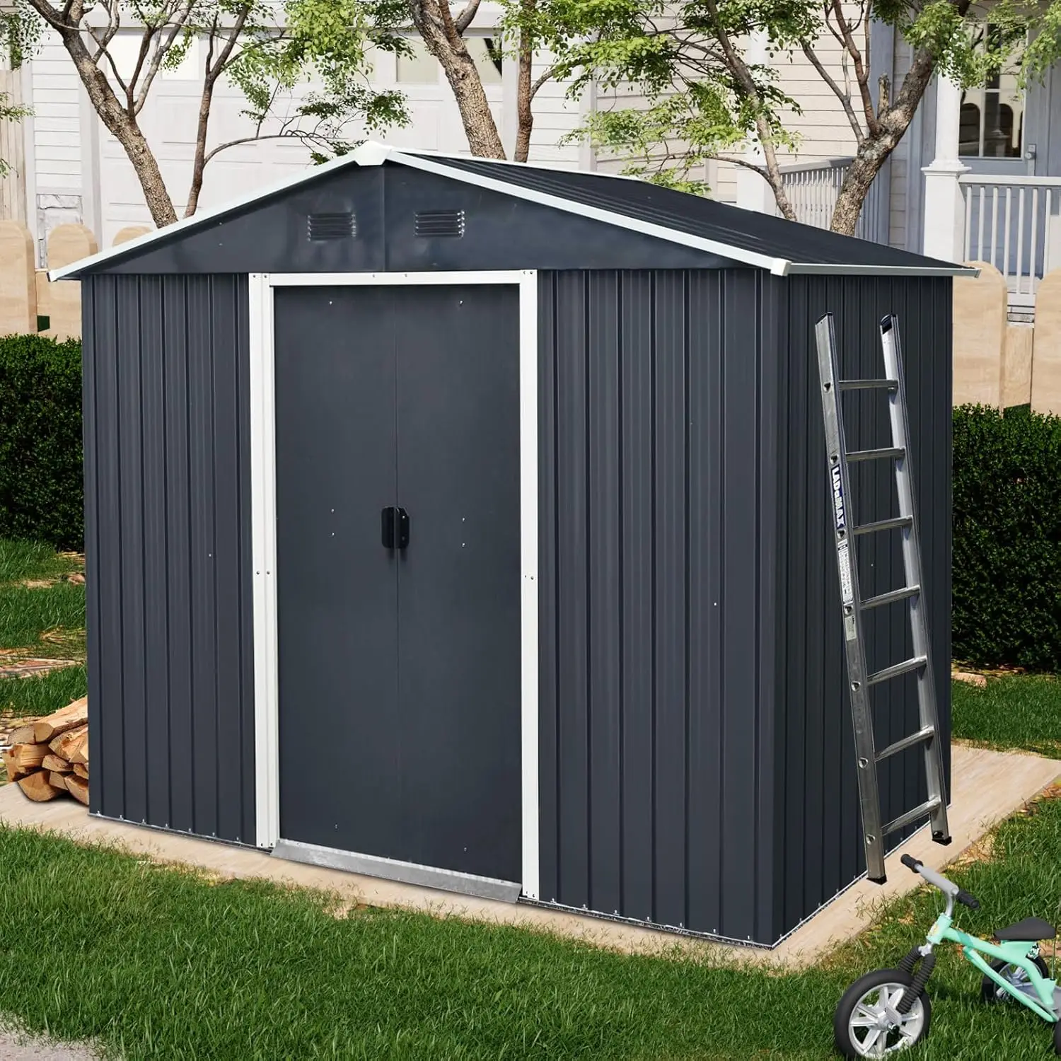 

8x4ft Metal Storage Shed Sliding Door Lockable Shelf Hooks Backyard Patio Lawn 93x51.75x74.75in Customized