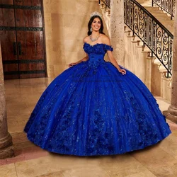 Royal Blue Quinceanera Dresses 2022 Beaded Sequined Handmade 3D Flowers Sweet 16 Dress Ball Gown Lace Up vestidos de 15 años