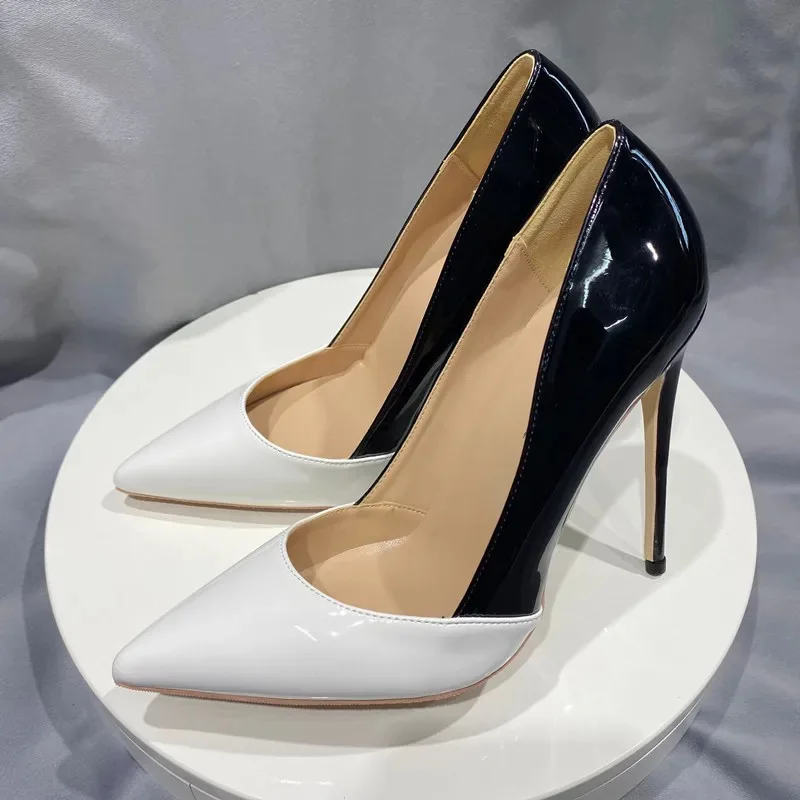 8/10/12cm Woman High Heels Patent Leather Black White Patchwork Pointed Toe Shallow Stilettos Pumps OL Work Ladies Dress Shoes