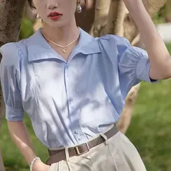 Summer Simplicity Buttons Solid Color Turn-down Collar Short Sleeve Blouse Female Fashion Shirts Women Clothing All-match Tops