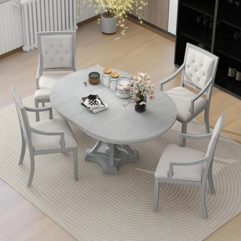 Retro Style 5 Piece Set with Extendable Freely AdjustableRound Table and 4 Chairs, Full Assembly Required, for Dining Room