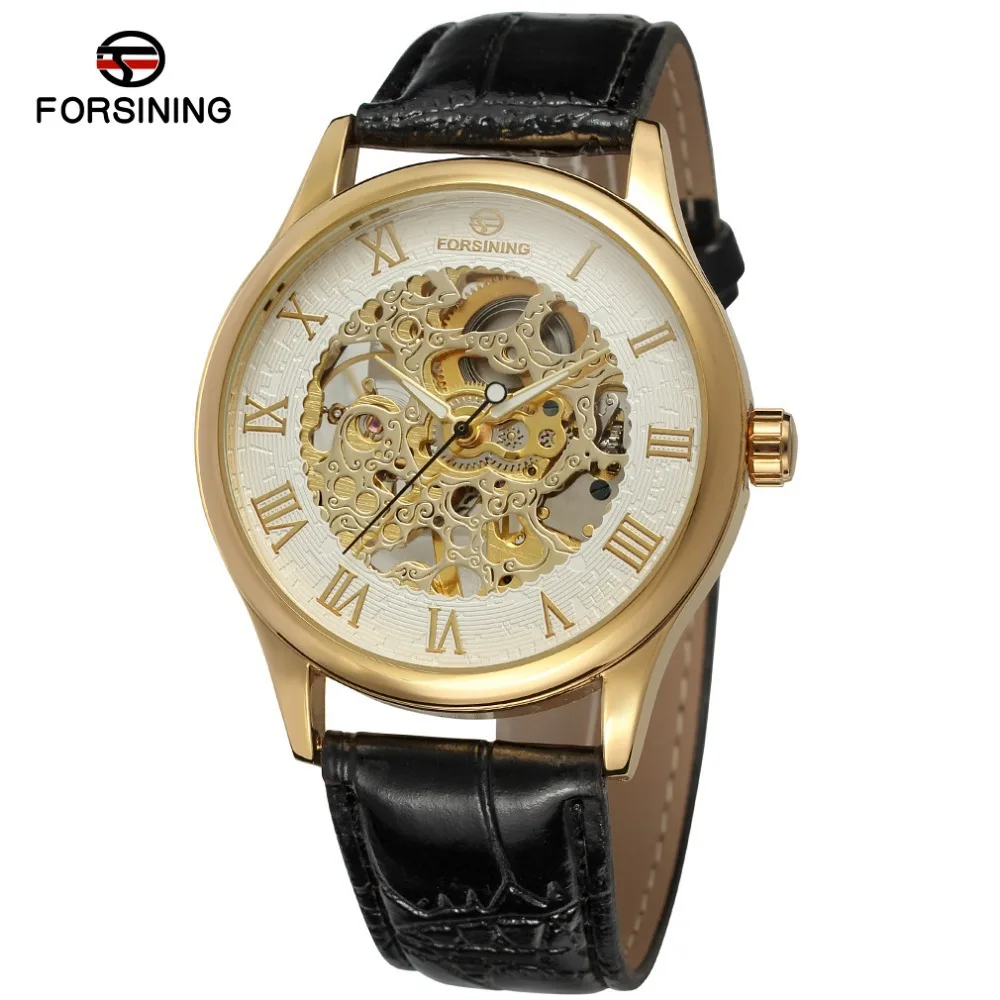 Fashion Forsining Top Brand Men's Minimalist Hollow Out Leather Handwinder Mechanical Business Wrist Watches