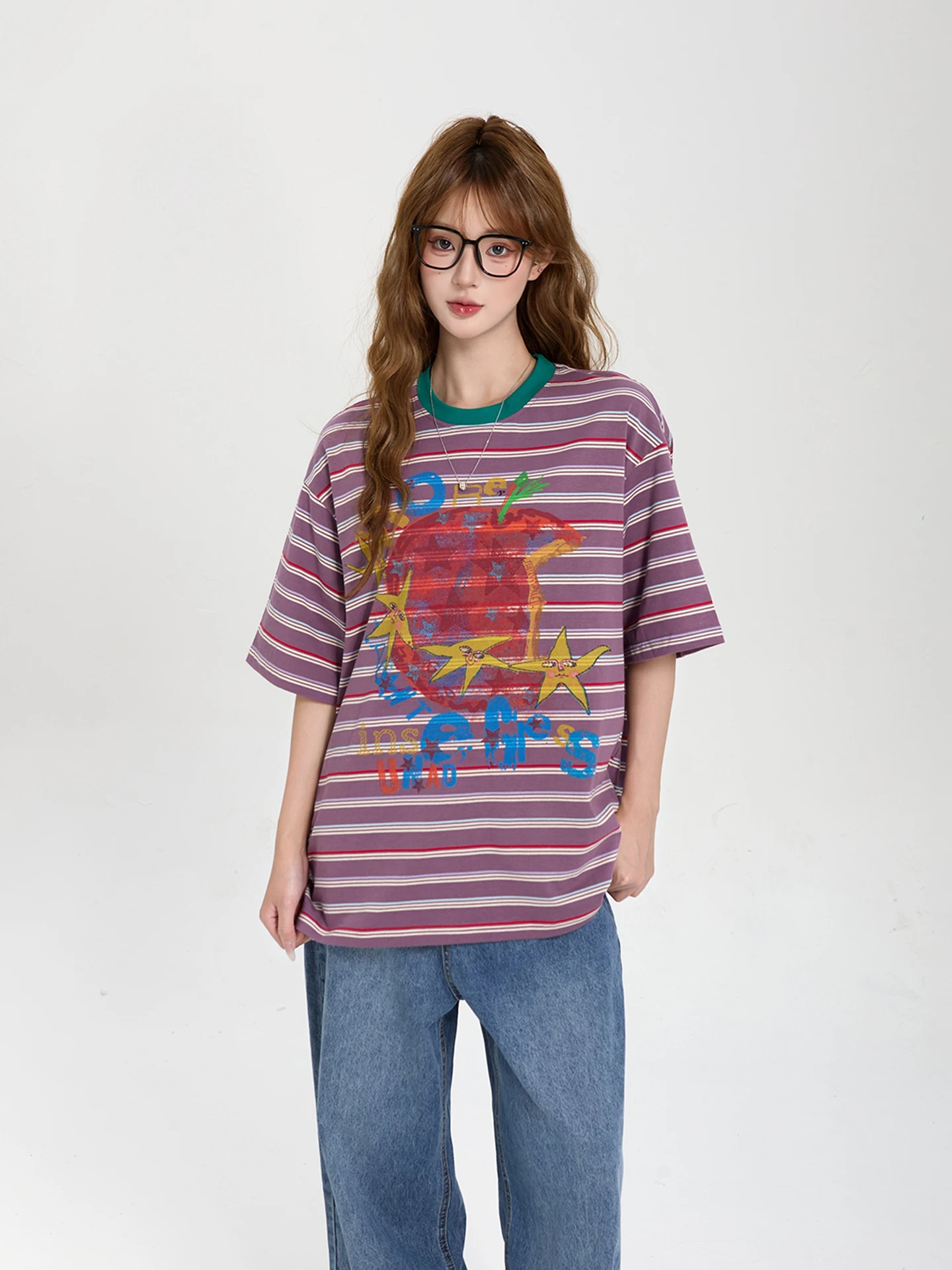 

7KEEWEN Американская ретро-футболка в полоску с принтом, свободная повседневная женская футболка с коротким рукавом, дышащая, удобная, для лета