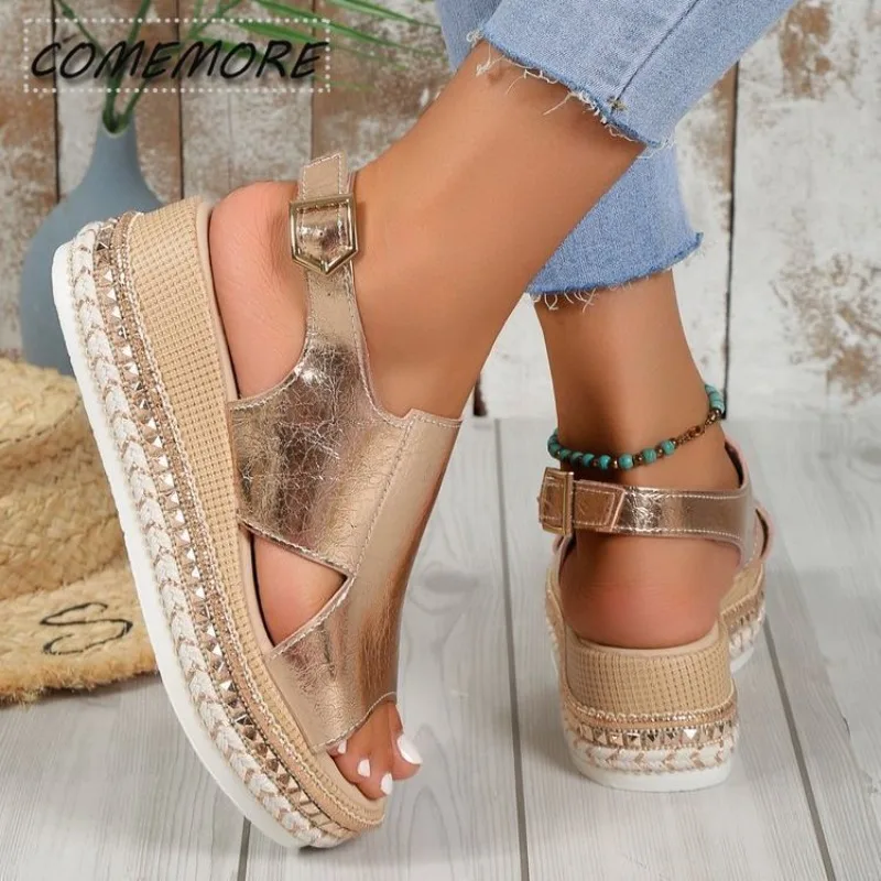 2024 New Black Wedge Women\'s Sandals Summer Fashion Elegant Platform Leisure Women Shoes High Heel Golden Heels Designer Sandals