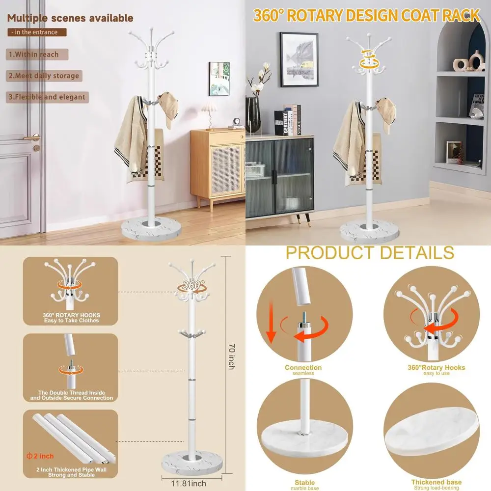 

Стильный 360 ° Вращающаяся вешалка для одежды с 14 крючками и основанием из натурального мрамора для прихожей дома или офиса