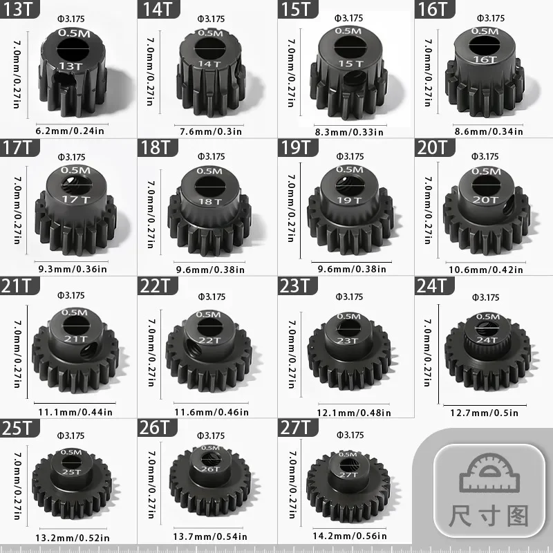Hochwertiges 13T-27T Material Gehärtetes M0.5 Loch 3,175mm Schaft Metall-Ritzel Motorgetriebe für RC Buggy Truggy Monster Truck