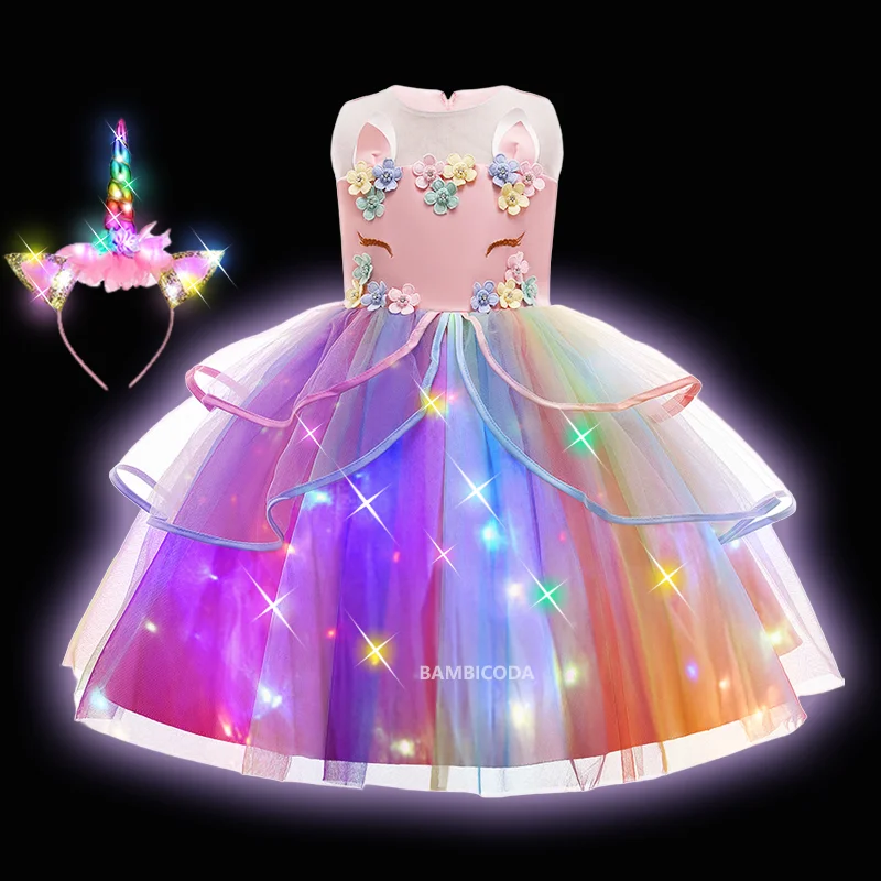 2023 Girls Shiny Unicorn Tutu Dress Glowing Kids LED Light up Dresses For Girls Halloween Princess Dress Children Clothing