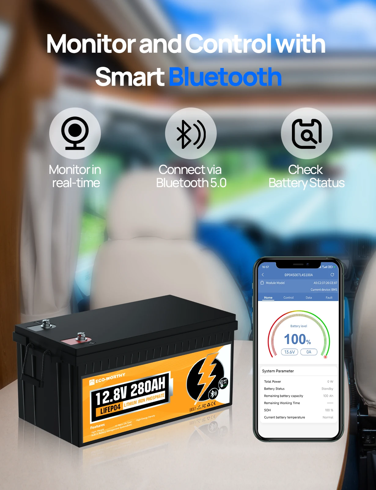 ECO-WORTHY 3584Wh 12V 280Ah LiFePO4 RV Battery w/Bluetooth & Low 