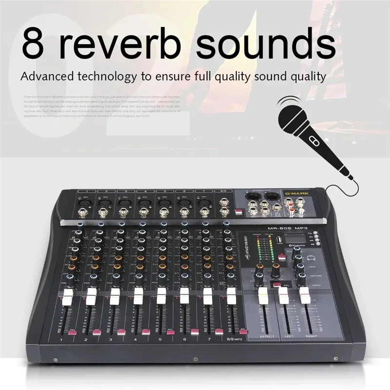 Professional Audio Mixer 8 Channel Mixing Console Bluetooth Sound Board USB Reverb For PC Stage Studio DJ Controller Podcast