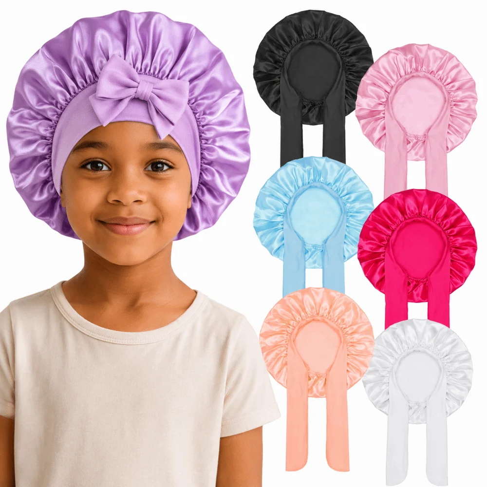 Tie Band Satin Bonnet Adjustable Elastic Printed Design Silk Sleeping Cap Wide Band Frizz Reduction Kids Sleep Cap For Girls