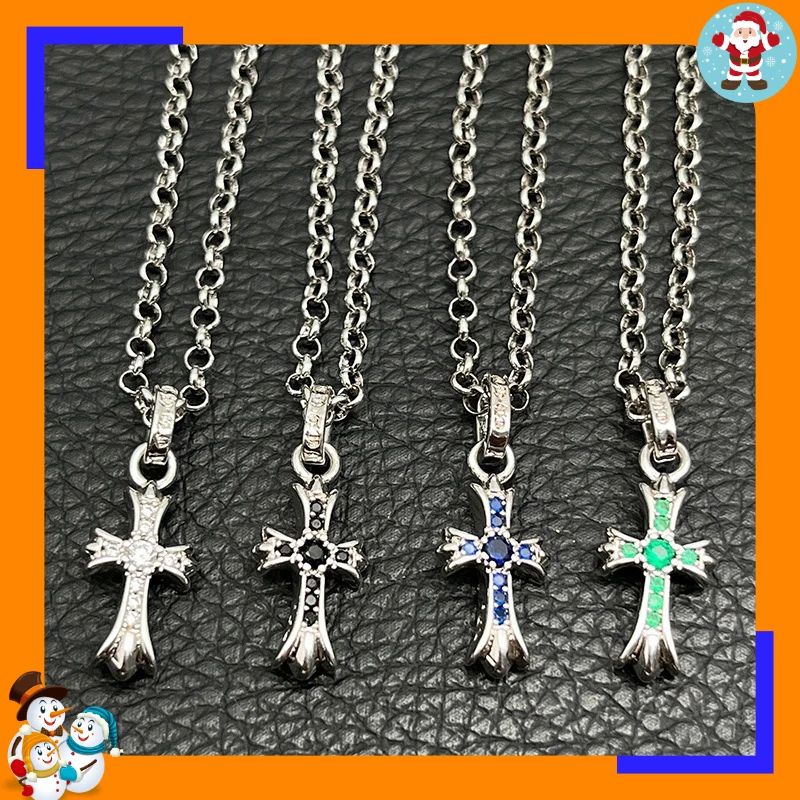 Premium White Gold Small with Diamond Cross Necklace Men's and Women's Colored Diamonds Pendant Classic Sweater Chain Trendy Bra