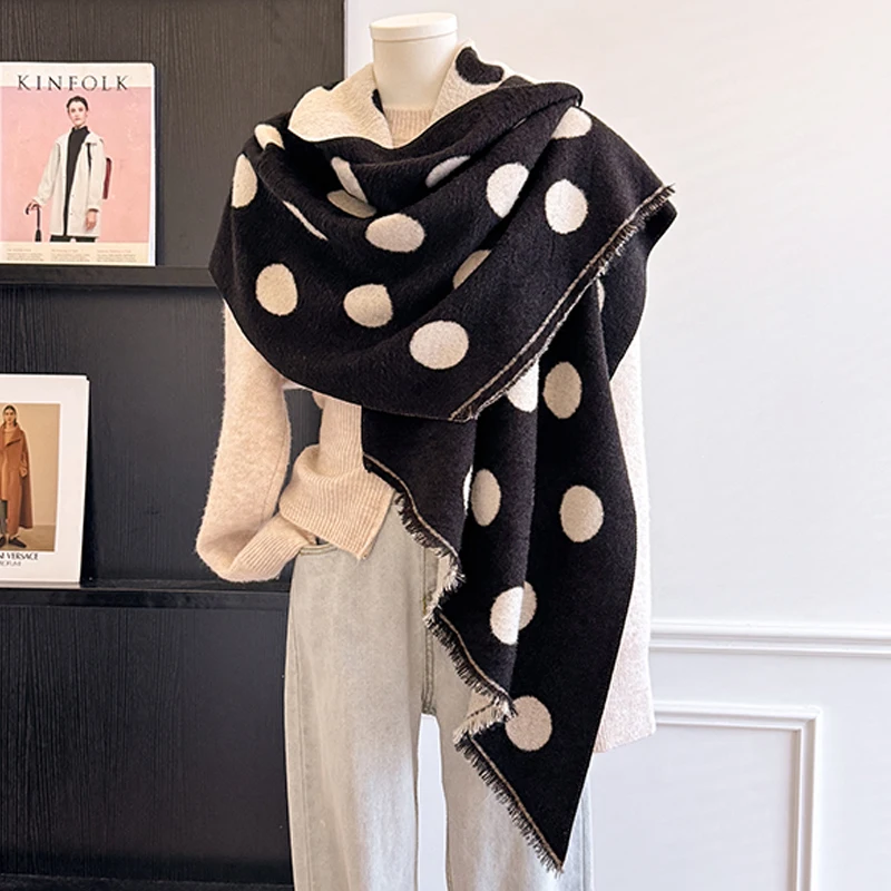 Damen-Kaschmirschal der Luxusmarke 2025, warmer Winter-Pashmina-Schal mit Quasten, gestreift und gepunktet, bedruckt, Foulard und Poncho – Detail 16