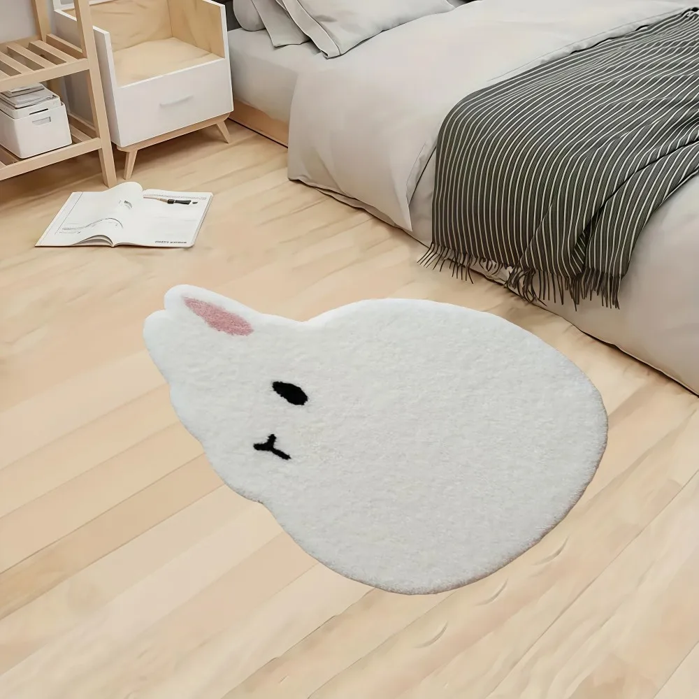 VIKAMA Minimalist White Cartoon Rabbit Print Rug, Non-Slip, Dirt-Resistant, Soft. Carpet For Living Room And Bedroom Home Decor