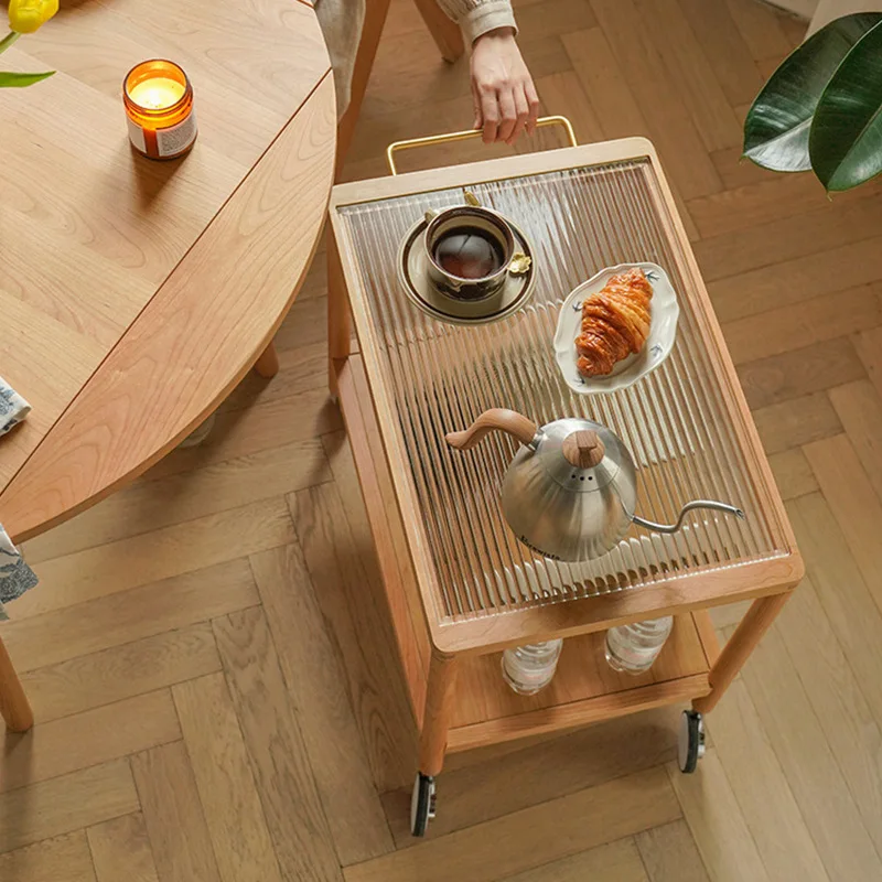 

Japanese-style cherry wood cart side several small apartments living room sofa side movable wheeled trolley double shelf