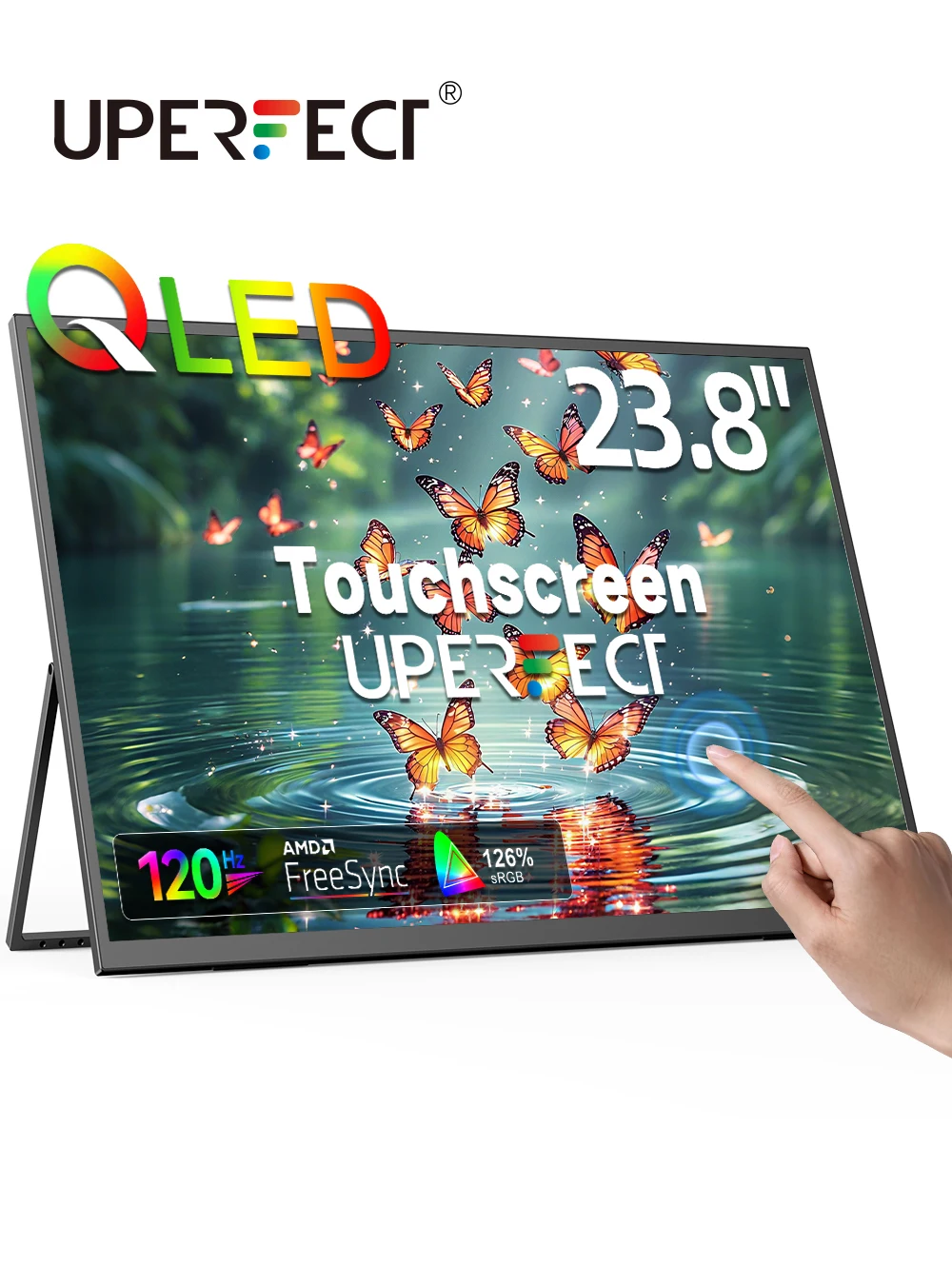 Портативный сенсорный монитор UPERFECT 23,8 дюйма, 125% sRGB 1080P с регулируемой подставкой, USB-C HDMI 120 Гц, внешний сенсорный дисплей для путешествий, ноутбуков MacBook, ПК, телефонов, планшетов, коммутаторов PS5
