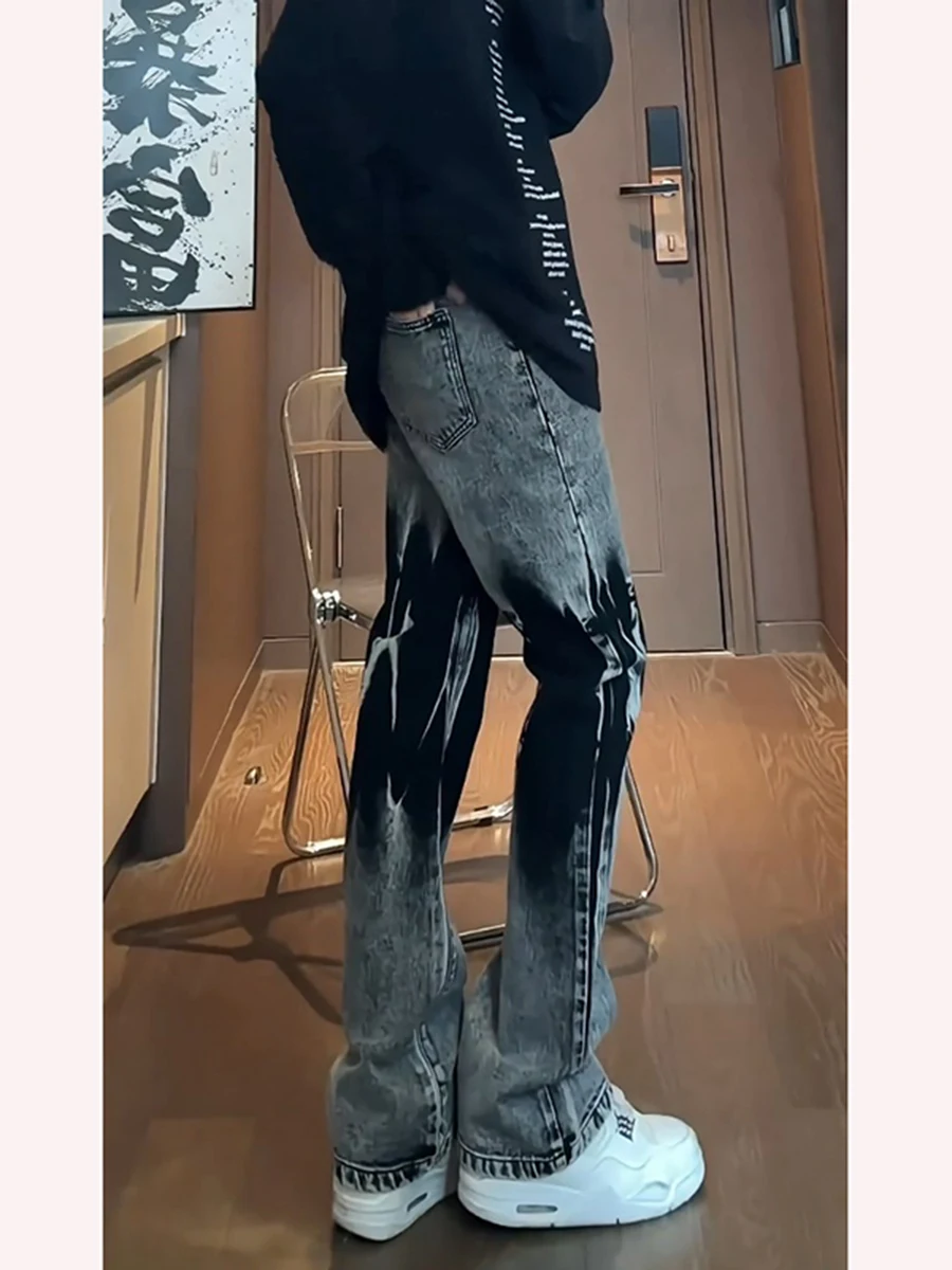 

aduated Tie Dye Jeans Men's Autumn Winter American High Street Waed Slim Fit Long Trousers Straight Leg Jeans