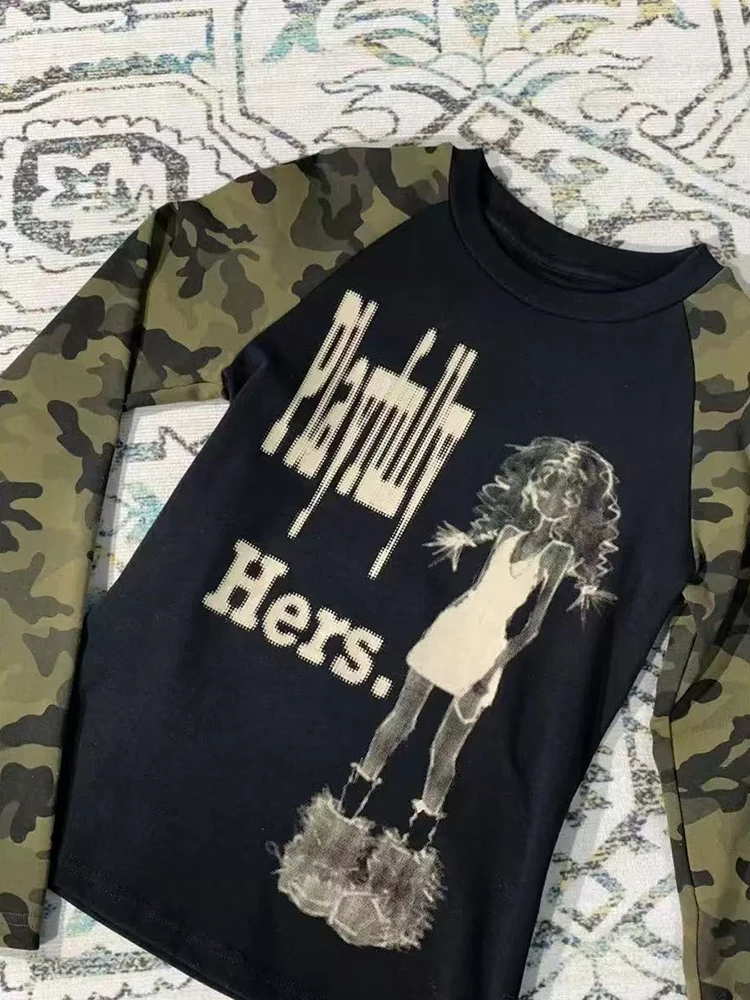 Vintage Camouflage Patchwork Cotton T Shirt Women Autumn Slim Long Sleeve Base Tops Y2K Streetwear All Match Printing Crop Tees