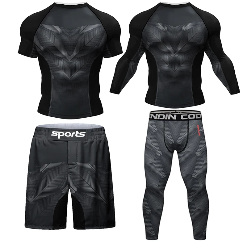 

New Boxing Rashguard MMA T-shirt+Shorts For Men 4PCS/Set Black Grappling Bjj Rash Guard Jiu Jitsu T-shirts Sport Tights Clothing