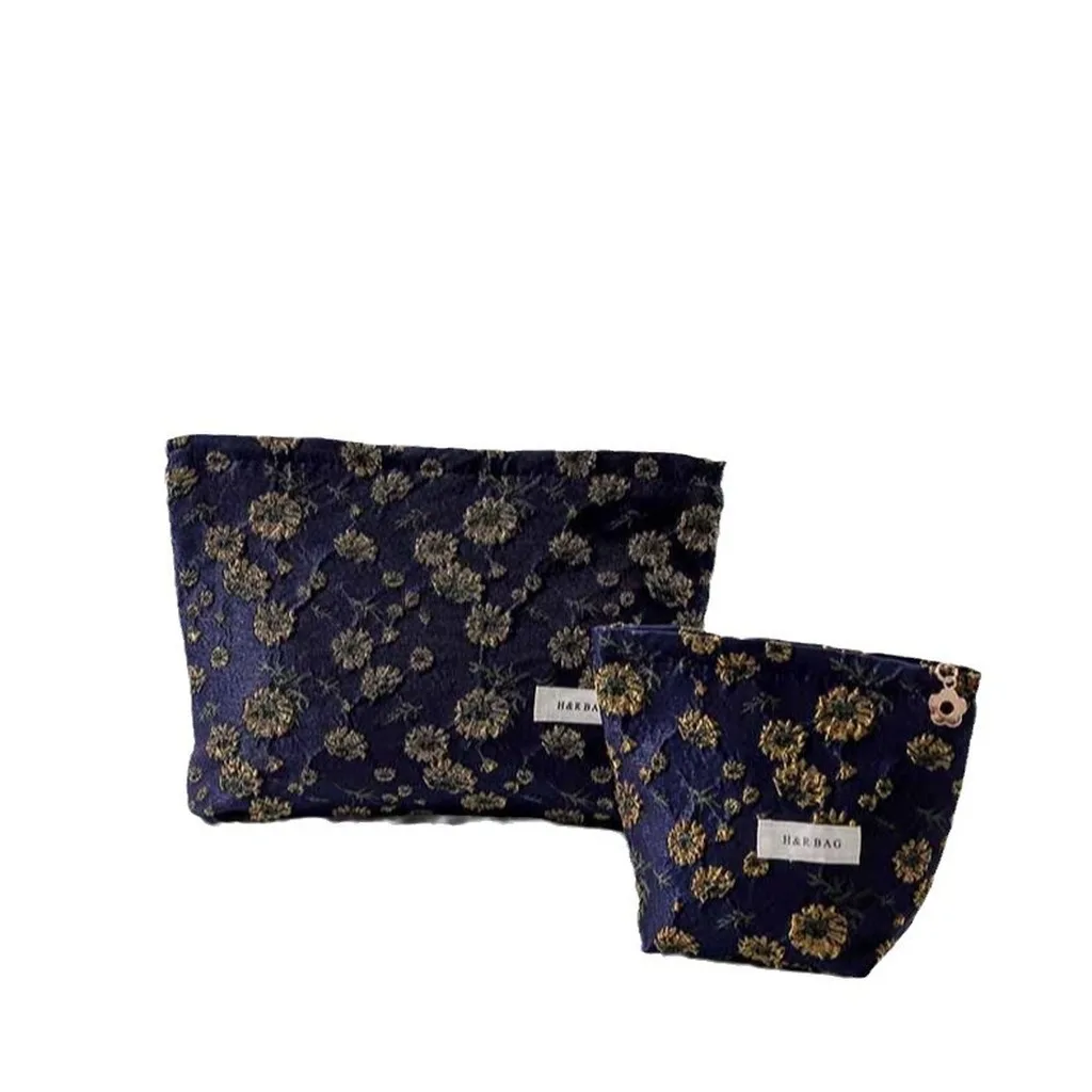 Zipper Cosmetic Bag Daisy Print Jacquard Cosmetic Bag Makeup Pouch Gold Thread Storage Bag For Business Trip Daily Commuting