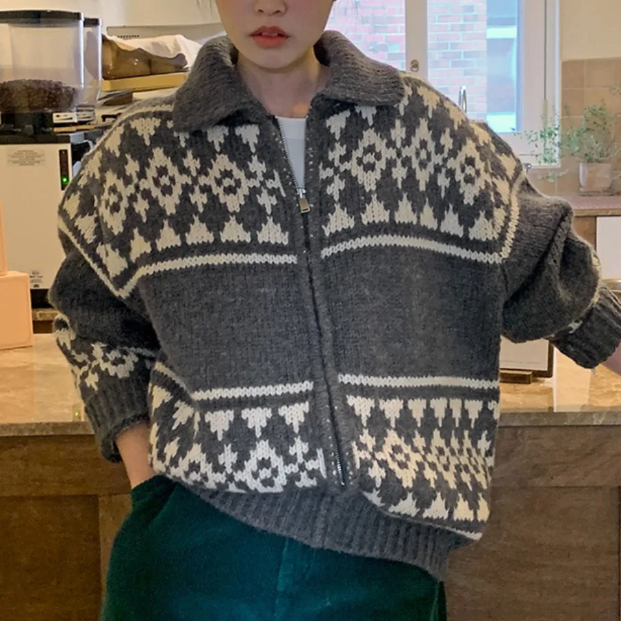 

Chic Autumn Winter Zipper Sweater Jaet Women's Casual Versatile Loose Fit Color Blo Floral Embroidery Comfortable Outerwear