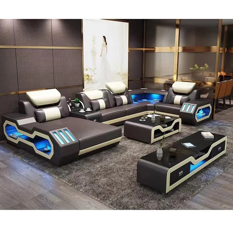 Durable High Quality Modern Music USB Technology Verity Light Emitting Diode Light Leather Living Room Furniture Set Sofa