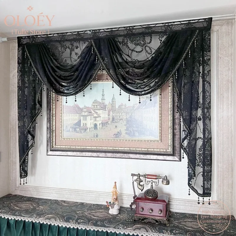 

Black Lace Sheer Flower Valance Curtain Luxury Beaded Wavy Waterfall Scallop Curtain for Living Room Rod Pocket Top Window Drape