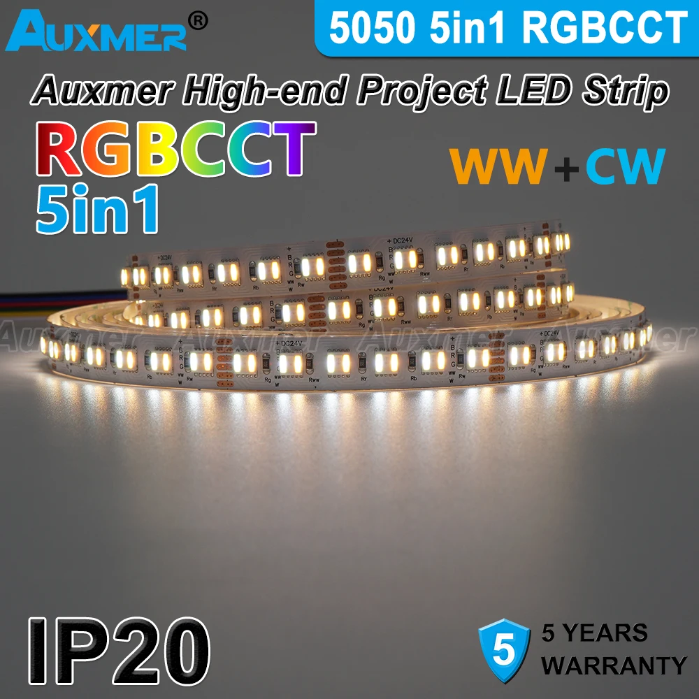 5050 RGBCCT Luzes de tira LED, 60 ou 96 LEDs/m, 5 em 1, IP20, 38,4 W/m, tiras de LED RGBCCT 2400K~6500K, temperatura ajustável, KTV, faça você mesmo