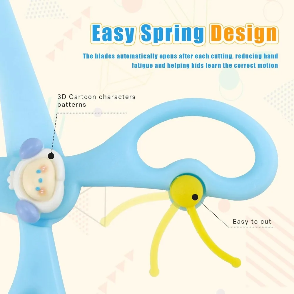 2 Pack Cartoon Safety Scissors for Kids, Cute 3D Character Pattern Craft Scissors with Spring Design, Rounded Blade for Safe Cutting, DIY Paper Craft Tool