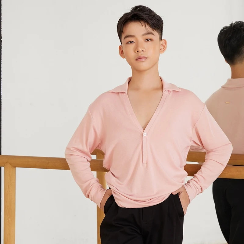 4 Colors Boys Latin Dance Tops Long Sleeves Deep Neck Black Tops Male Cha Cha Rumba Dance Clothes Performance Clothing DNV21759