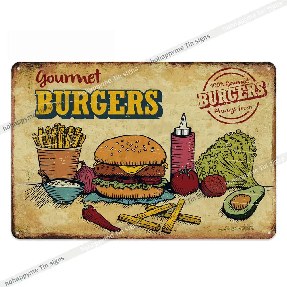 خمر أدوات المائدة المطبخ علامات هوت دوج الأسماك ورقائق ساندويتش المعادن جدار الفن الرجعية الديكور اللوحة المشارك ديكور المنزل Pl