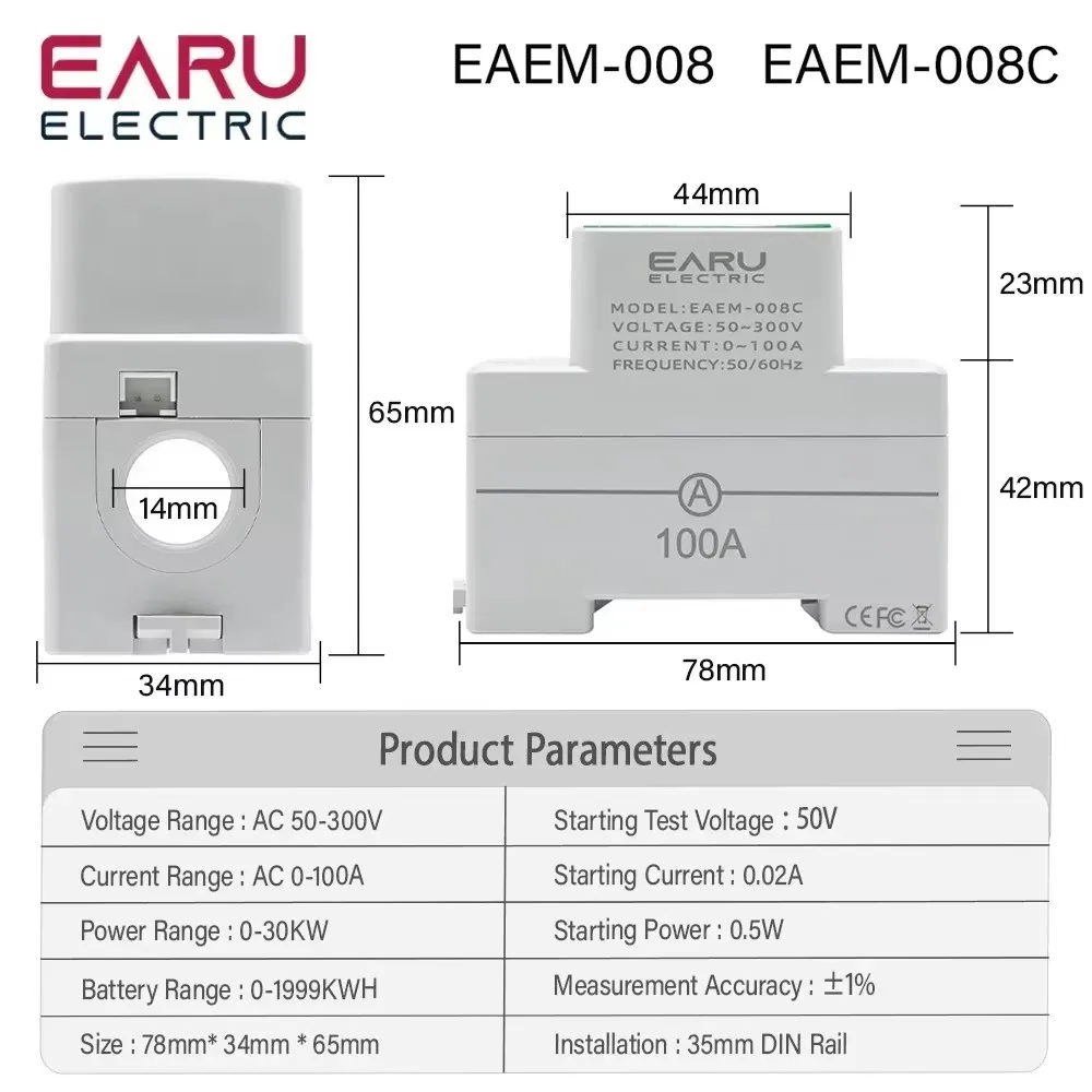 Imagem -02 - Digital ac 110v 220v 100a Tensão Corrente Kwh Monitor de Energia Elétrica Medidor Volt Amp Volt Voltímetro Amperímetro Wattímetro Trilho Din em