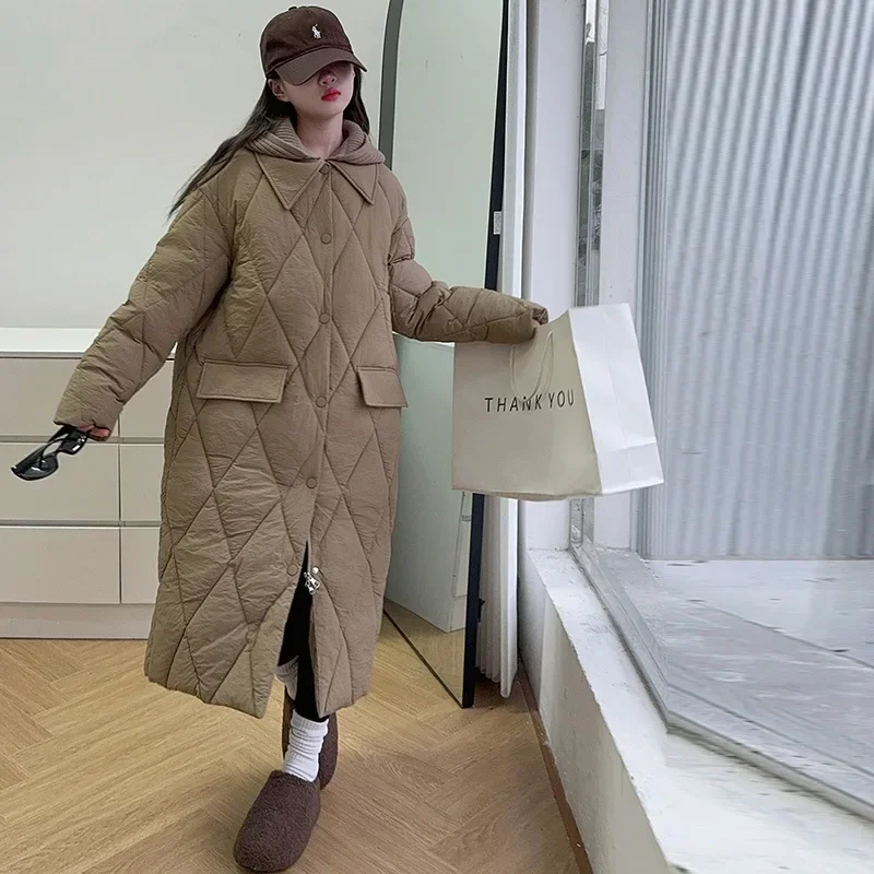 

Girls Winter Down Jacket Fashion Diamond Plaid Knitted Hooded Long Outerwear 7 To 14 Years Casual Warm Teens Children Overcoats