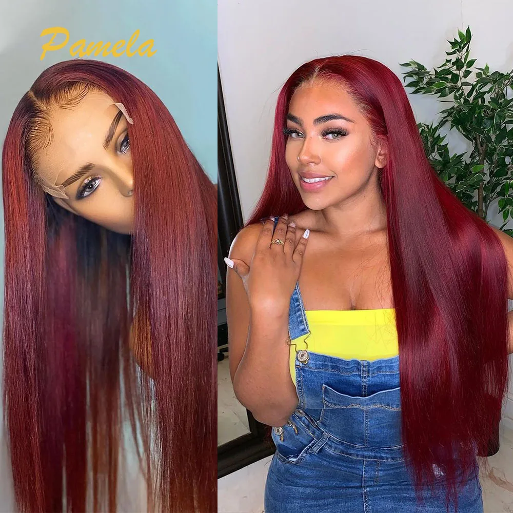 Super Double Drawn Burgundy Colored Glueless Wig Ready To Wear 13x6 Bone Straight Transparent 30inch Lace Front Human Hair Wigs