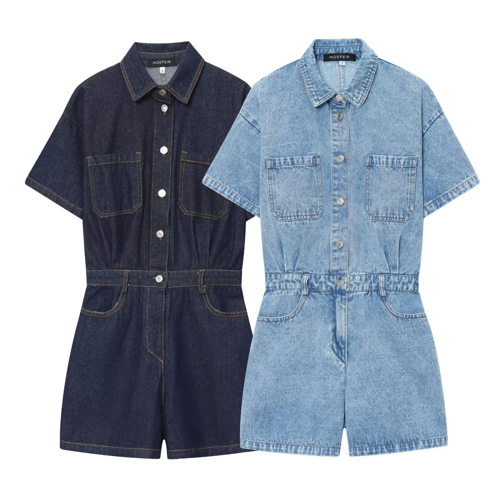 

New Women's Fashion Style Flip Collar Short Sleeve Waist Tight Denim Jumpsuit One-Piece High Waist Pockets Women's Romper