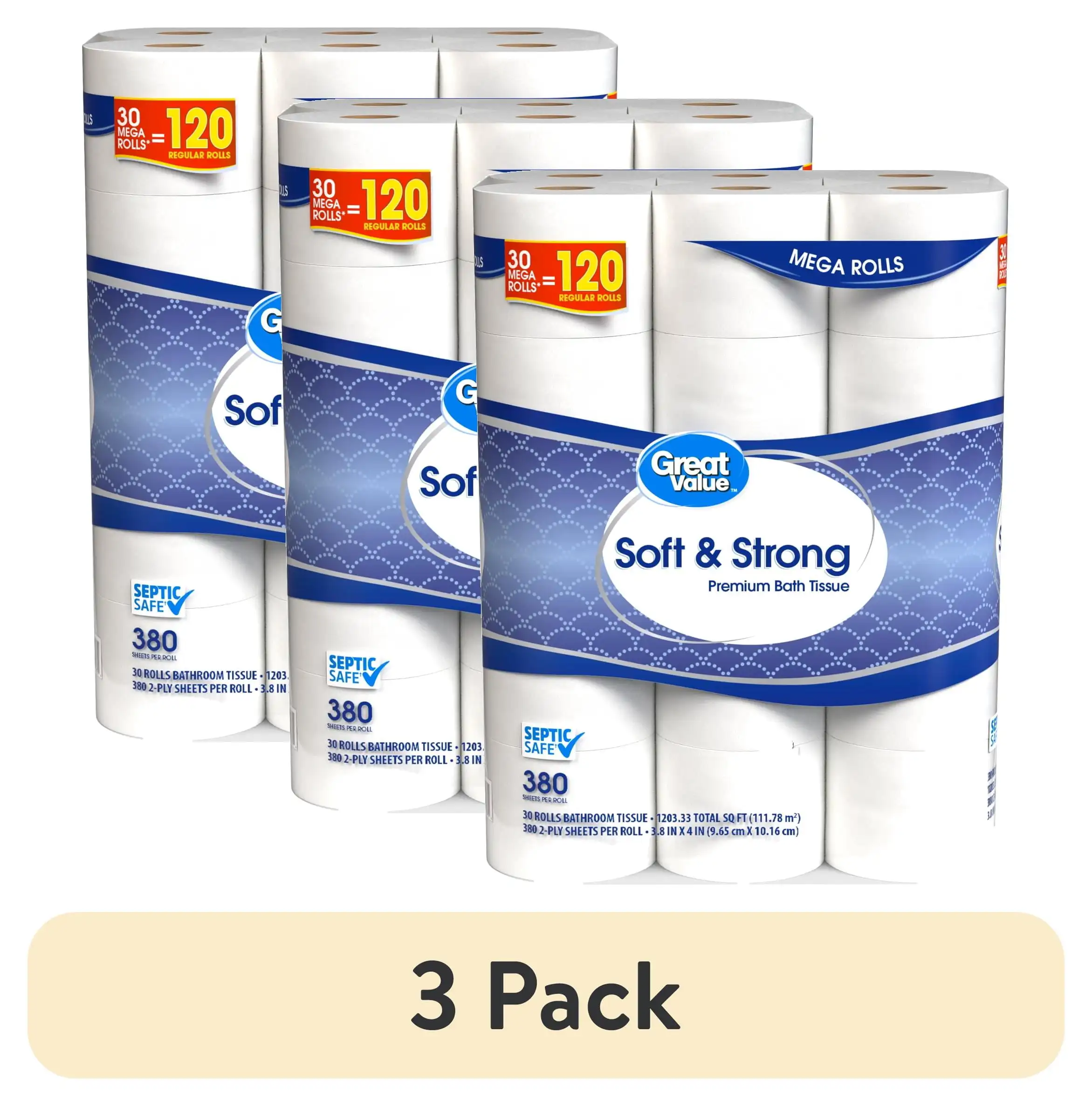 

(3 Pack) Soft & Strong Premium Toilet Paper, 30 Mega Rolls, 380 Sheets Per Roll