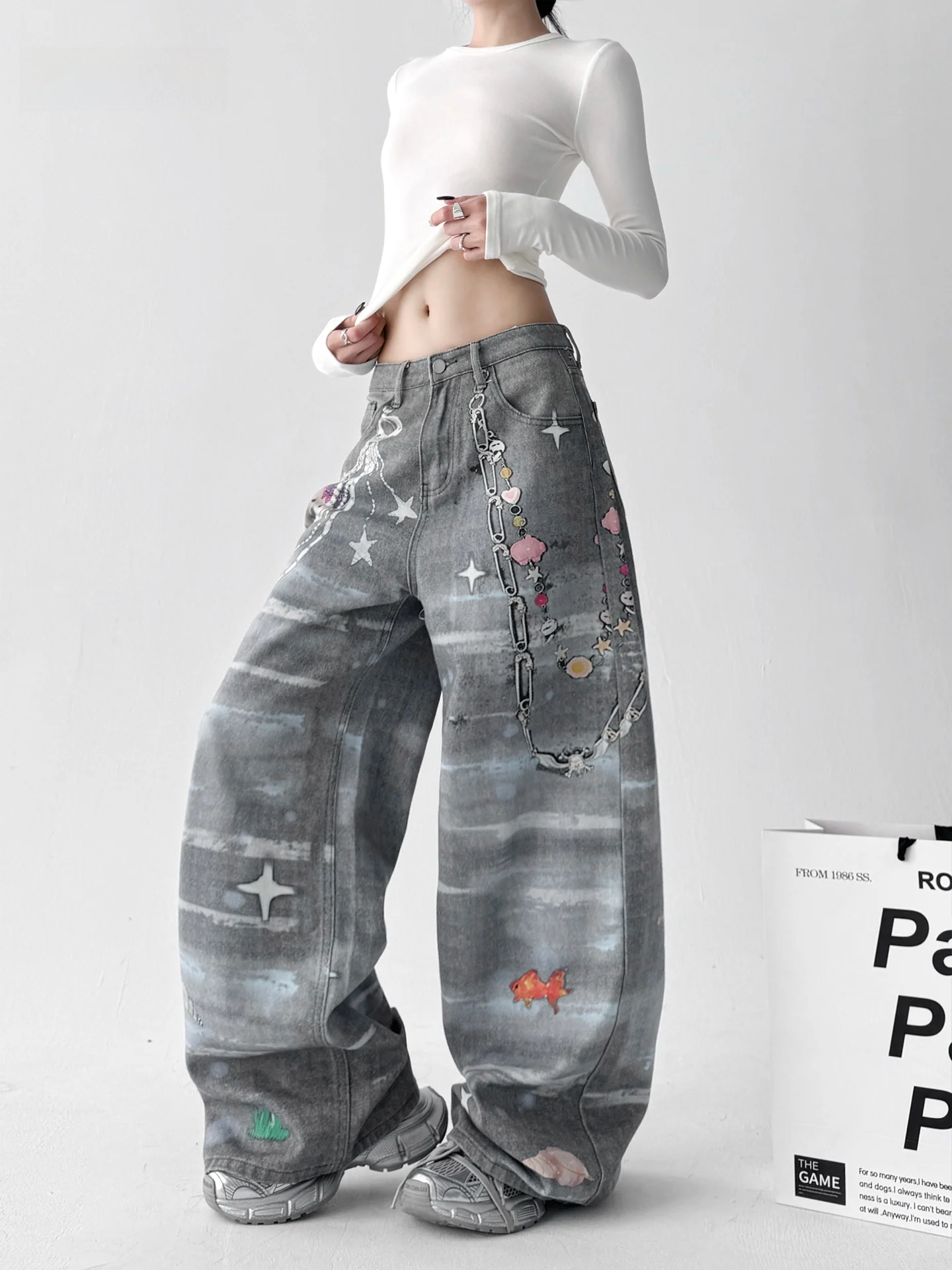 

Retro American Waed Chains Printed Loose Straight Leg Wide Leg Jeans Women's Casual High Waist Cotton Autumn New Arrival