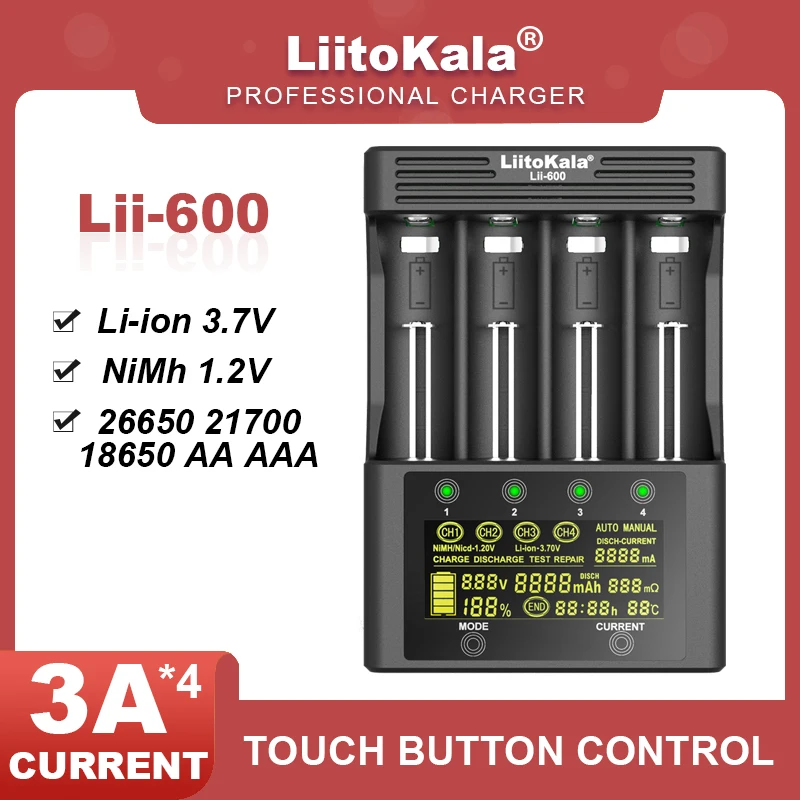 Liitokala – chargeur de batterie au Lithium Intelligent Lii-600 Lii-PD4 18650, 3.7V 21700 26650 18350 18500 17500 25500 1.2V AA AAA