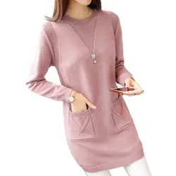 Robe pull en tricot à manches longues et col rond pour femmes, pull chaud pour dames, vêtements monochromes, poche, décontracté, coréen, nouveau, 2024