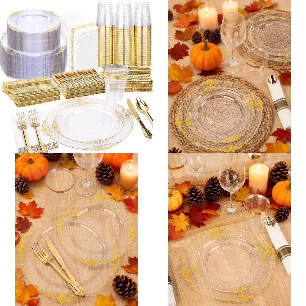 

Прозрачные золотые пластиковые тарелки, 350 шт. — набор одноразовой посуды для 50 гостей — 100 тарелок, серебро 150