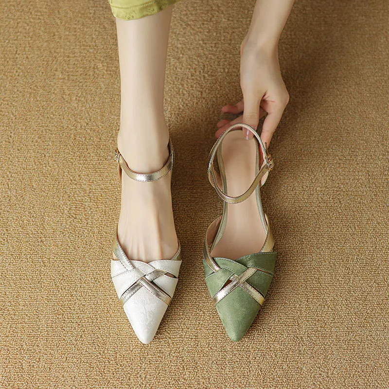 

Phoentin Elegant Woman Sandals 2024 Summer Low Heeled Hollow Out Pointed Toe Ankle Strap Shoes Mixed Colors Plus Size FT3392