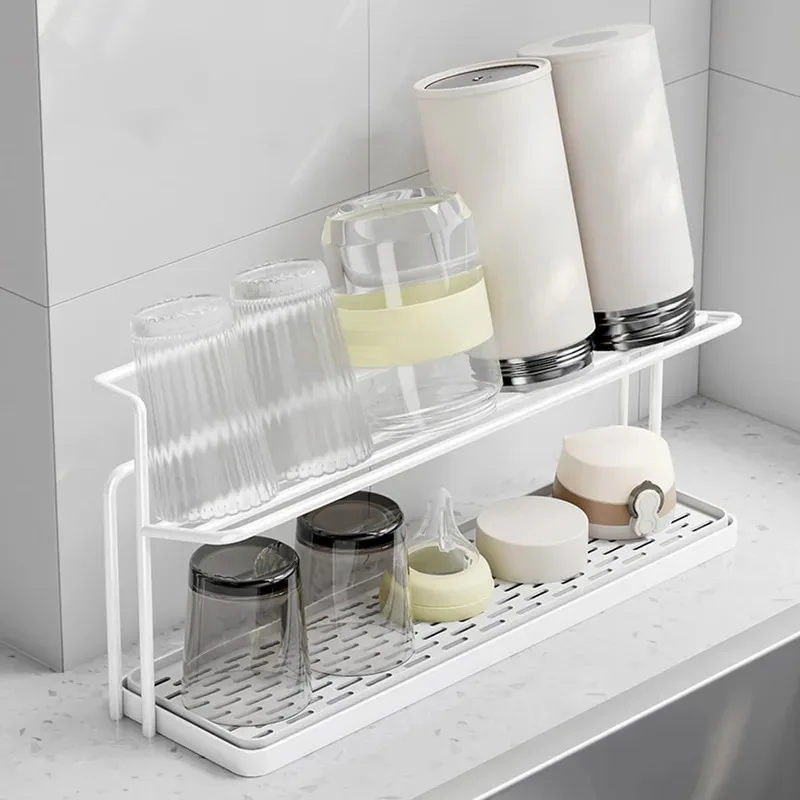 Double-layer Cup Rack with Drain Tray Rack for Kitchen Table Top Glass Cups, Tea Cups, Coffee Cups and Water Cups Organizer Shel