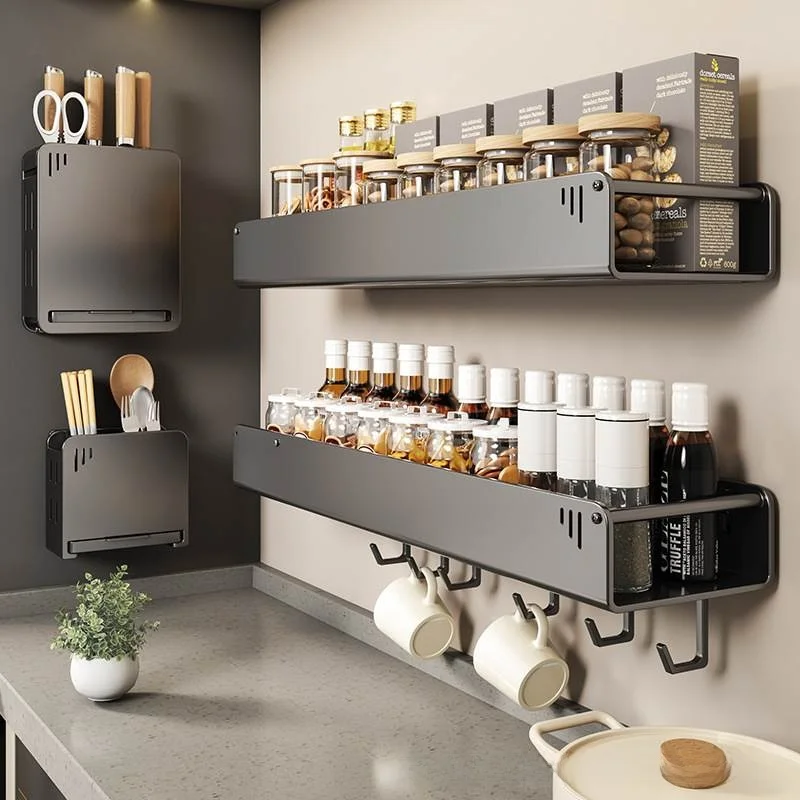 

Multi-Functional Kitchen Wall-Mounted Spice Rack Knife Holder Chopsticks Tube Carbon Steel Storage Shelf Multi-Layer No-Punching