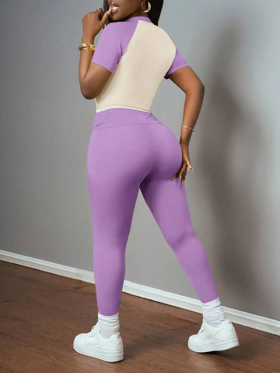 

Lavender And Beige Colorblock Ruched Two-Piece Set For Casual Wear, Lounge, Streetwear, Festival, Travel, And Daily Outfits