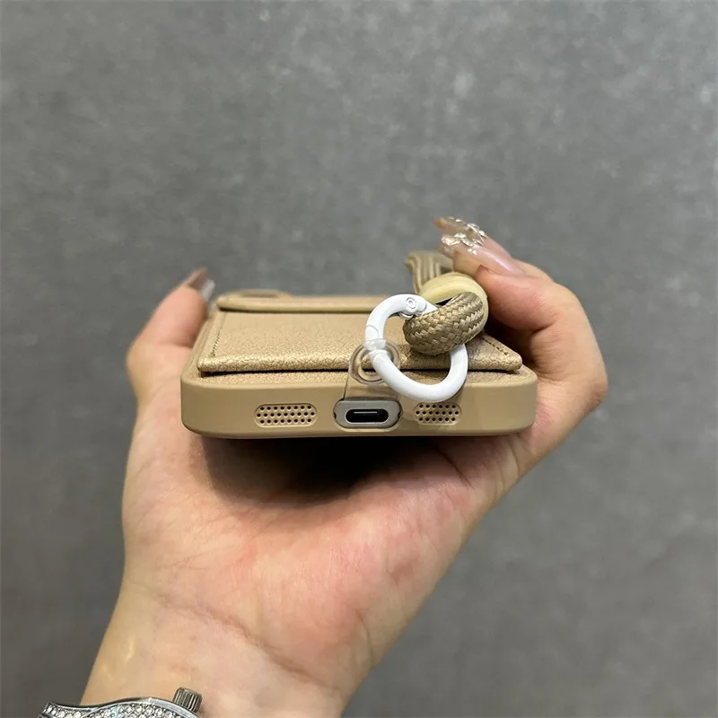 محفظة فتحة للبطاقات حامل حامل بو الجلود القضية آيفون 16 13 12 11 14 15 برو ماكس 16 زائد Xs Xr شريط للرسغ غطاء الحبل