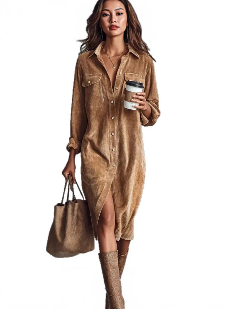 Winter Women Corduroy Dress - Retro Solid Ribbed Elegant Single Breasted Lapel Shirt Dress with Slit, Long Sleeve Female Clothi