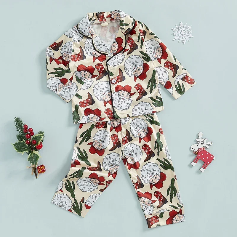 2024-07-22 Lioraitiin Kids Boys Girls Christmas Pajamas Set Santa Claus Print Long Sleeve Tops with Pants Sleepwear