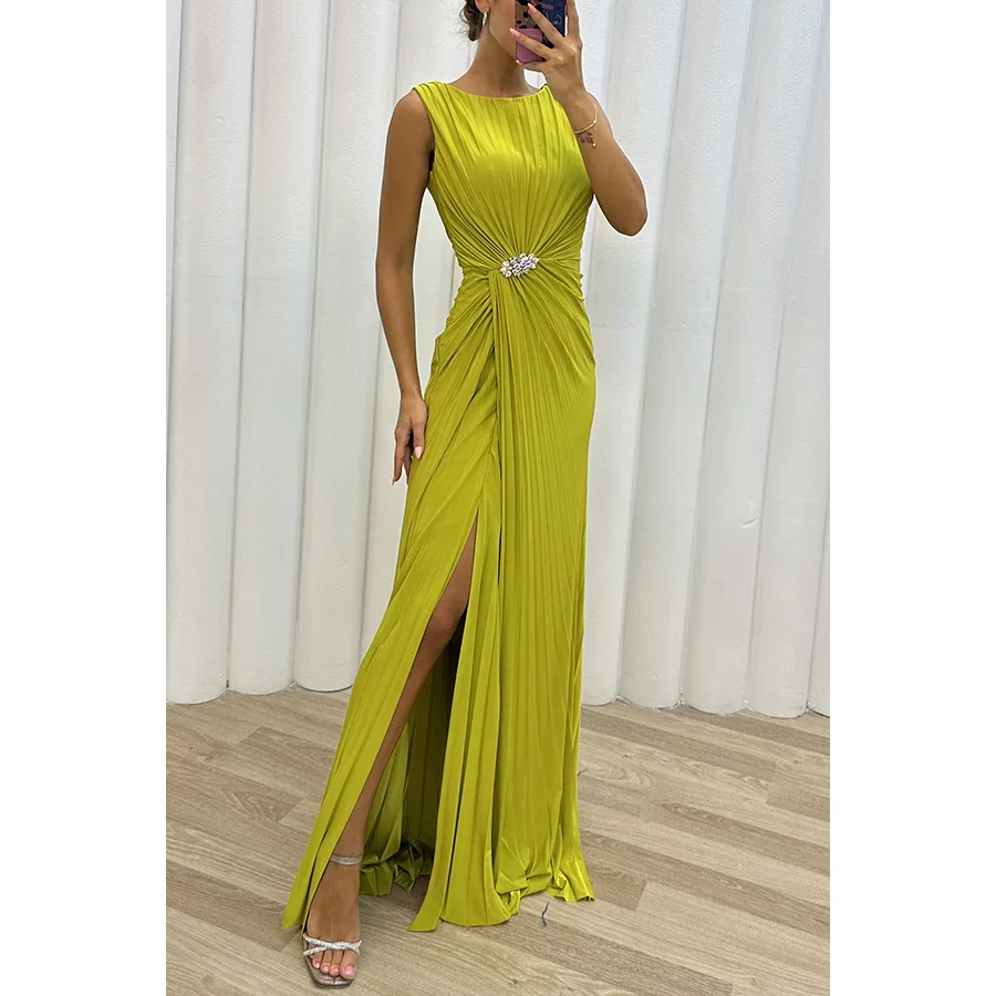 

Pleated-Ruffled Dress Ultra-High Slit Sleeveless Dress Casual Stylish Beachwear Dress Evening Party Glamorous Dresses