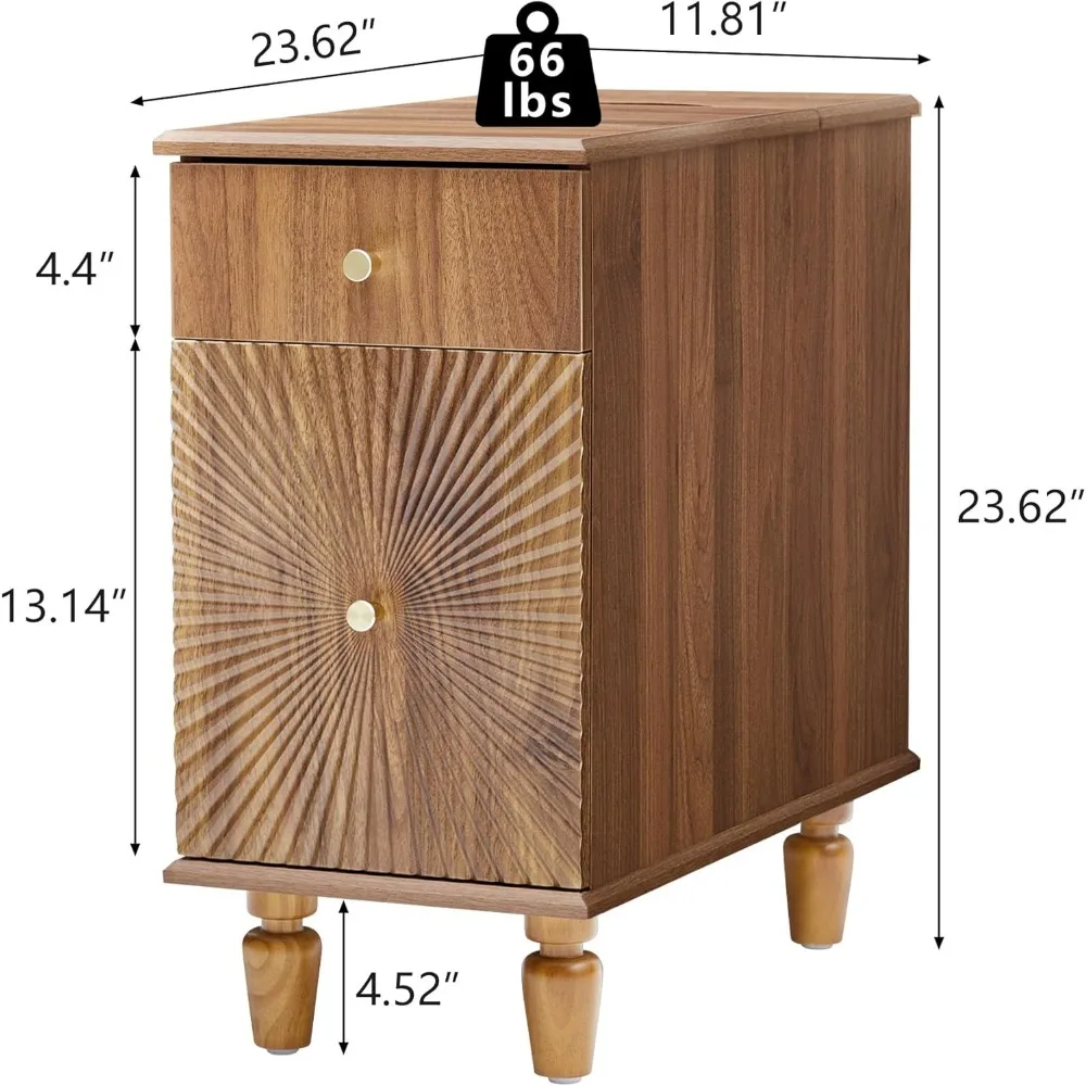 Slim Wooden Bedside Table with Charging Station and Drawer