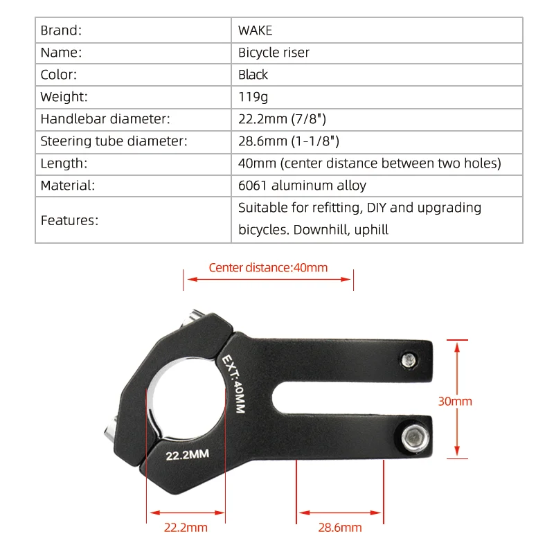 Wake Mountain Road Bike Fahrradzubehör Vorbau Lenker Kurzer Downhill-Vorbau 22,2/25,4/31,8 mm Aluminiumlegierung MTB BMX Radfahren – Detail 6