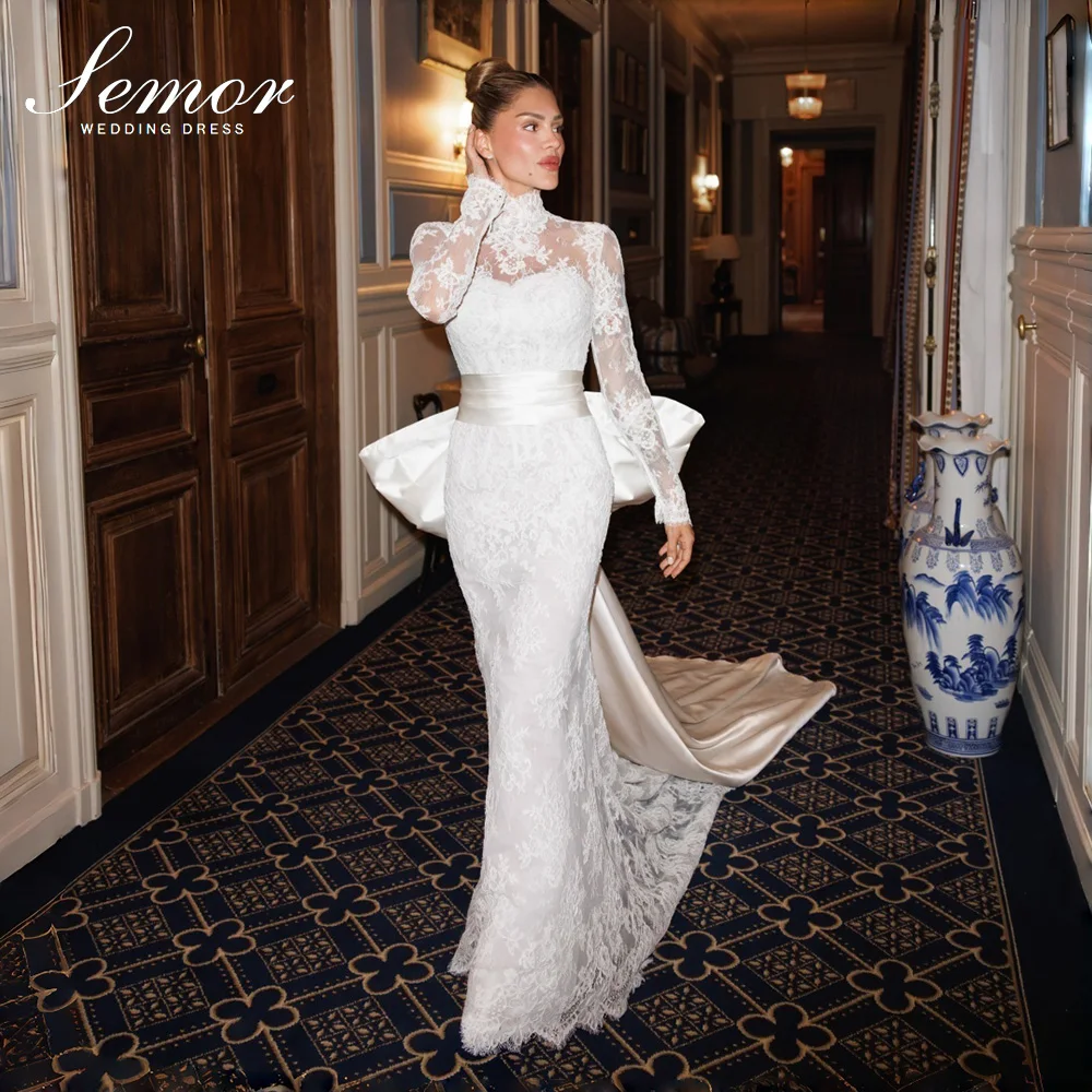 Semor Customized Long Sleeve High Neck Lace Mermaid Bridal Gown Illusion Open Back Wedding Dress With Large Satin Bow Train